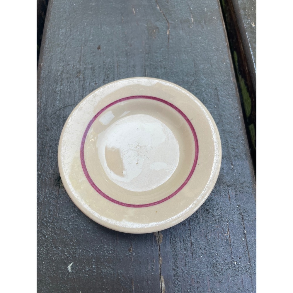 Vintage Scammell's Trenton China Lenape Butter Pat Dish Maroon Stripe Cream 3.5"